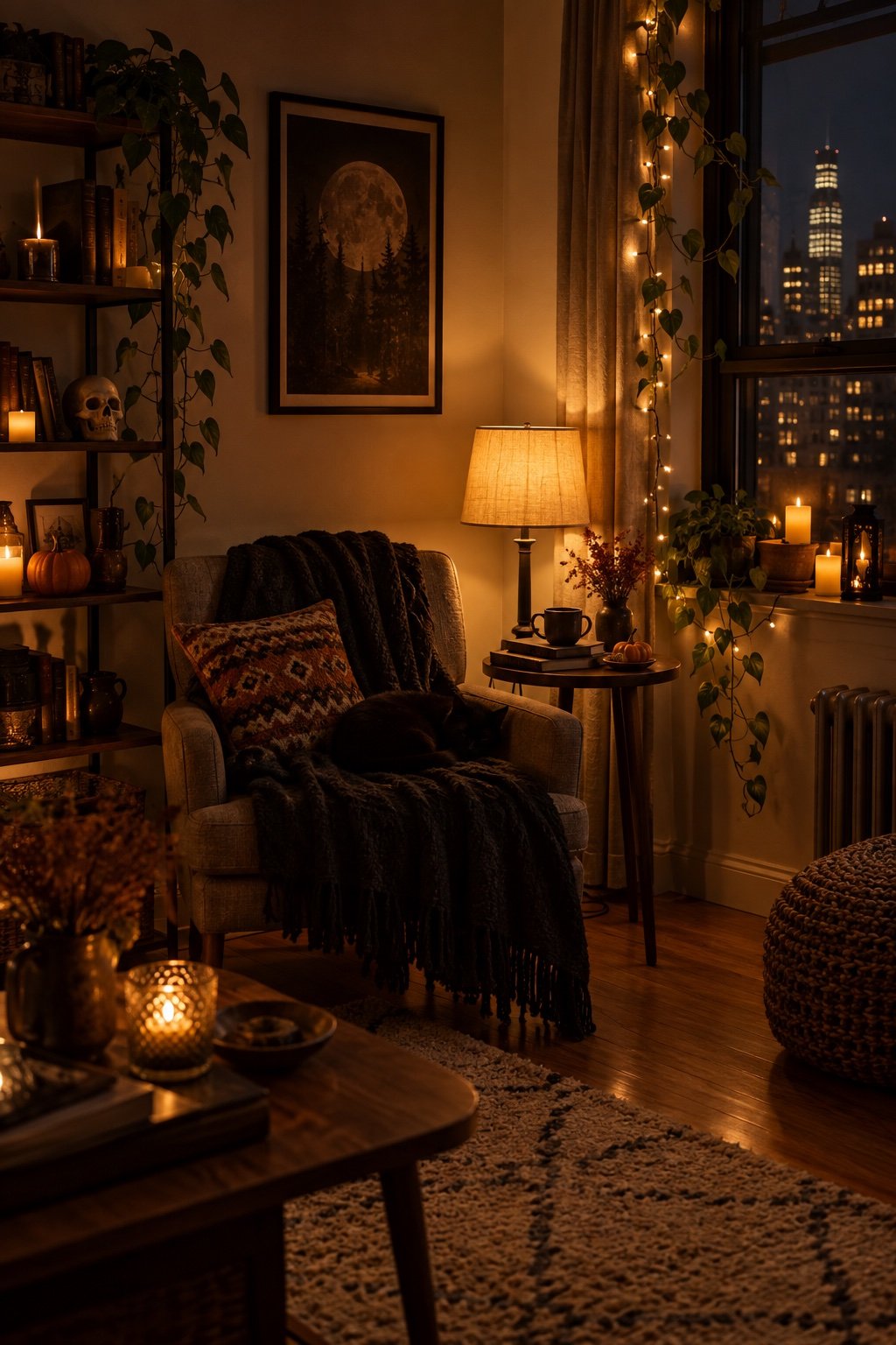 A small apartment corner at night lit by an amber lamp bulb and warm fairy lights in the window
