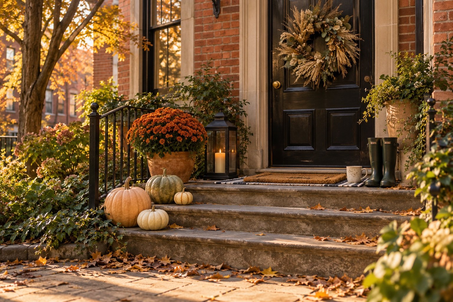 Small townhouse front stoop in fall with a wheat wreath, pumpkins and a mum on the steps and an iron lantern