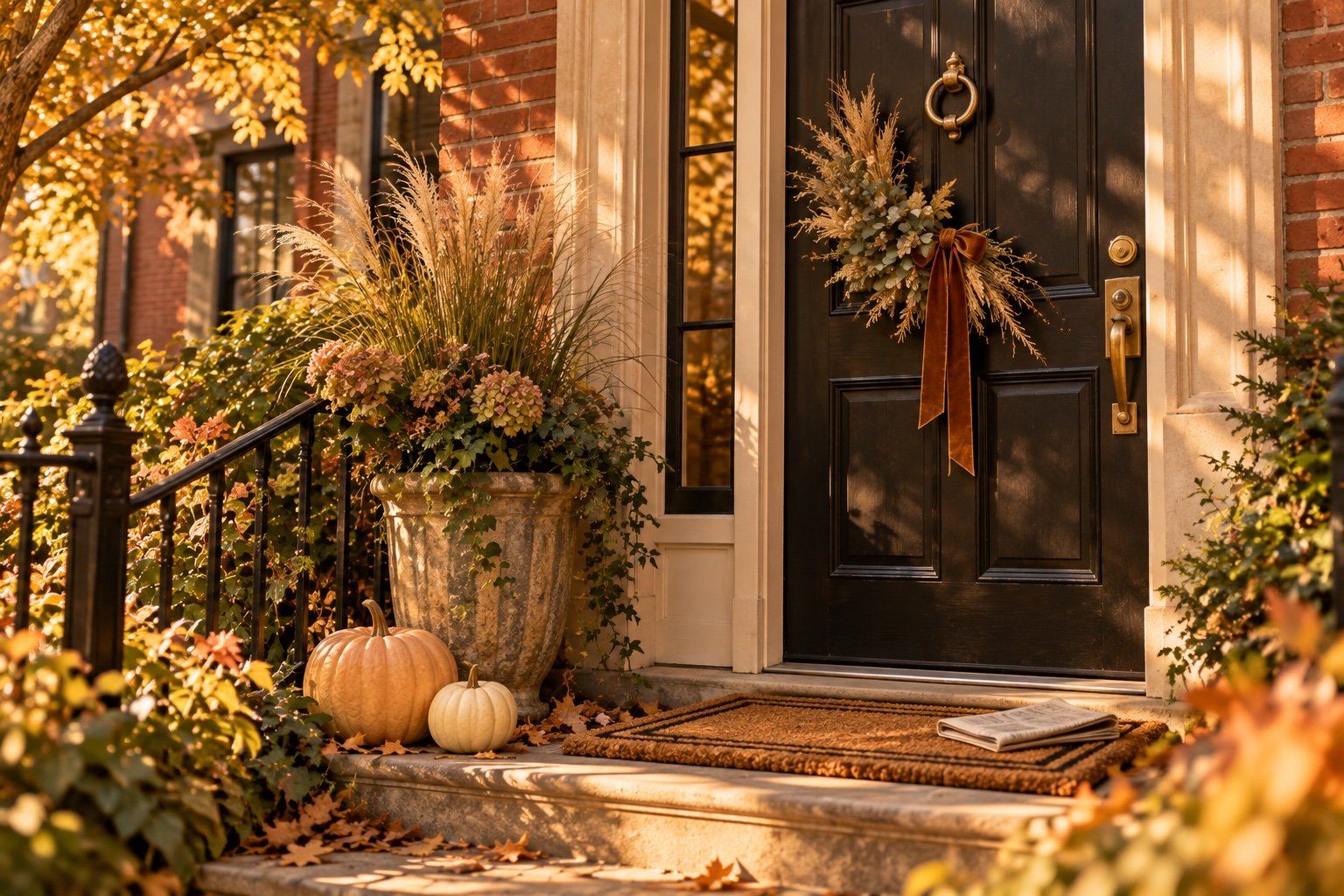 Small front door with a slim dried wheat and eucalyptus wreath, a brass knocker and a tall planter of grass