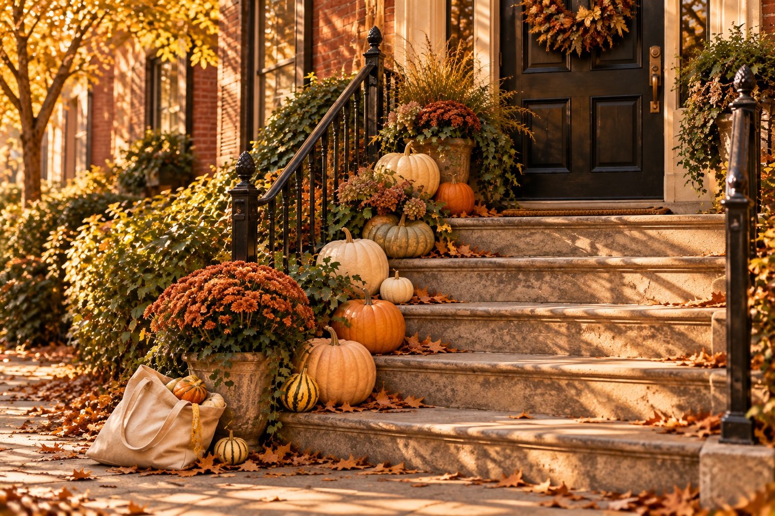 Narrow front steps with pumpkins in three sizes staggered on one side and a potted mum at the bottom