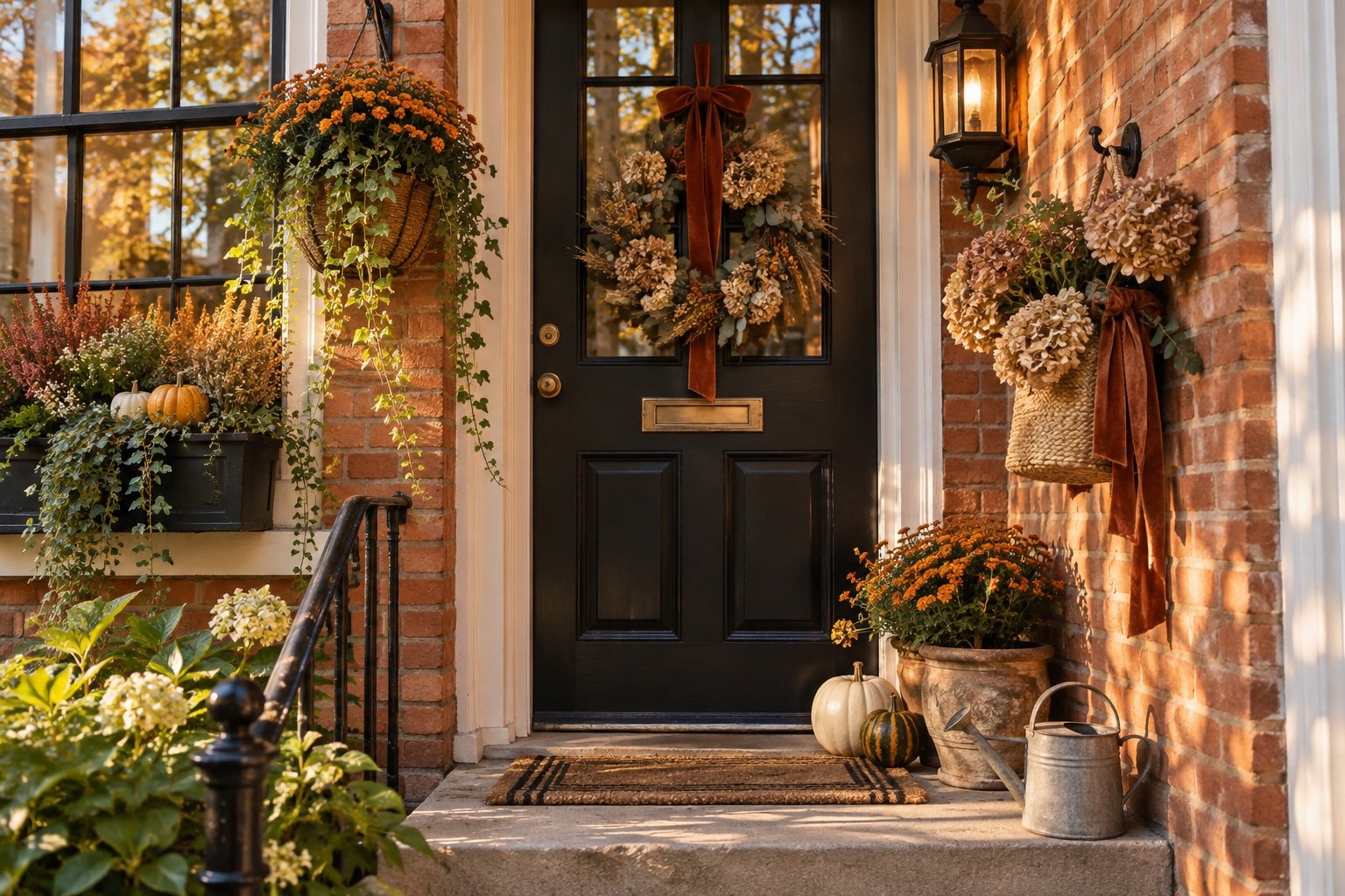 Tiny porch decorated vertically with a hanging basket, a wall planter box and a basket of dried hydrangeas