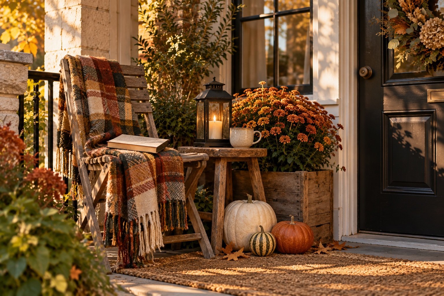 Small porch corner with a wooden bistro chair, a plaid throw, a lantern and a mug of cider