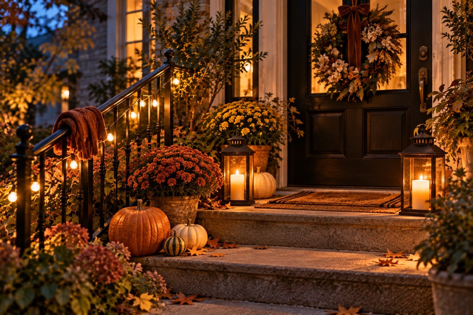 Small front stoop at dusk glowing with iron lanterns and warm cafe lights along the railing