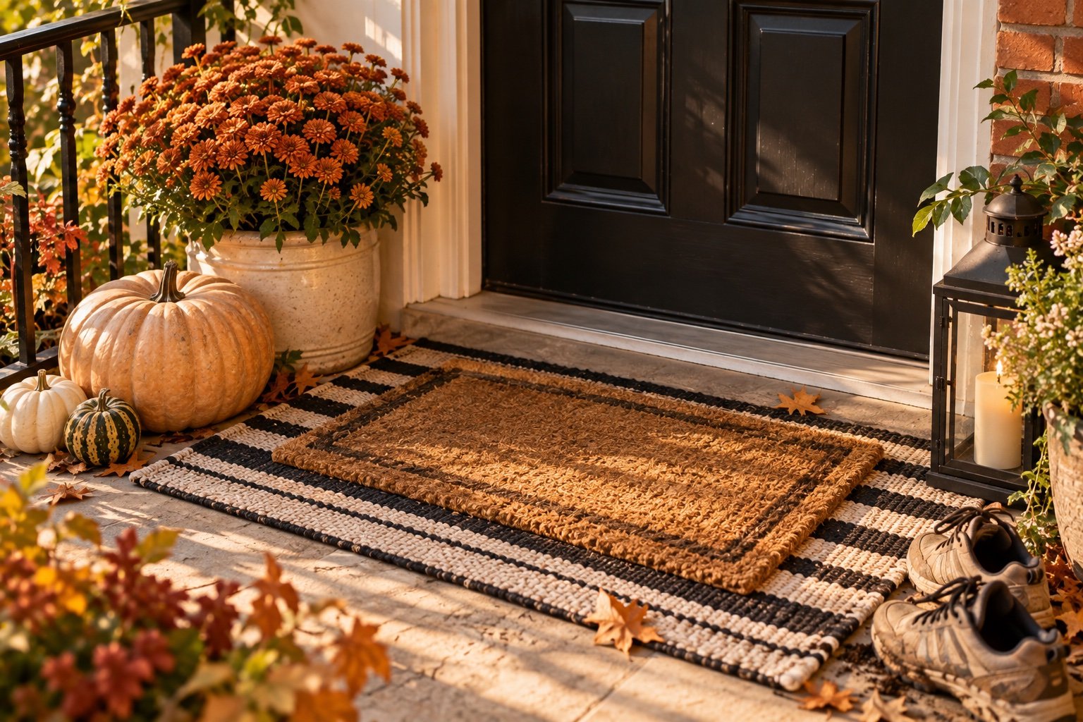 Layered striped outdoor rug and coir doormat with a pumpkin and a mum beside a small front door
