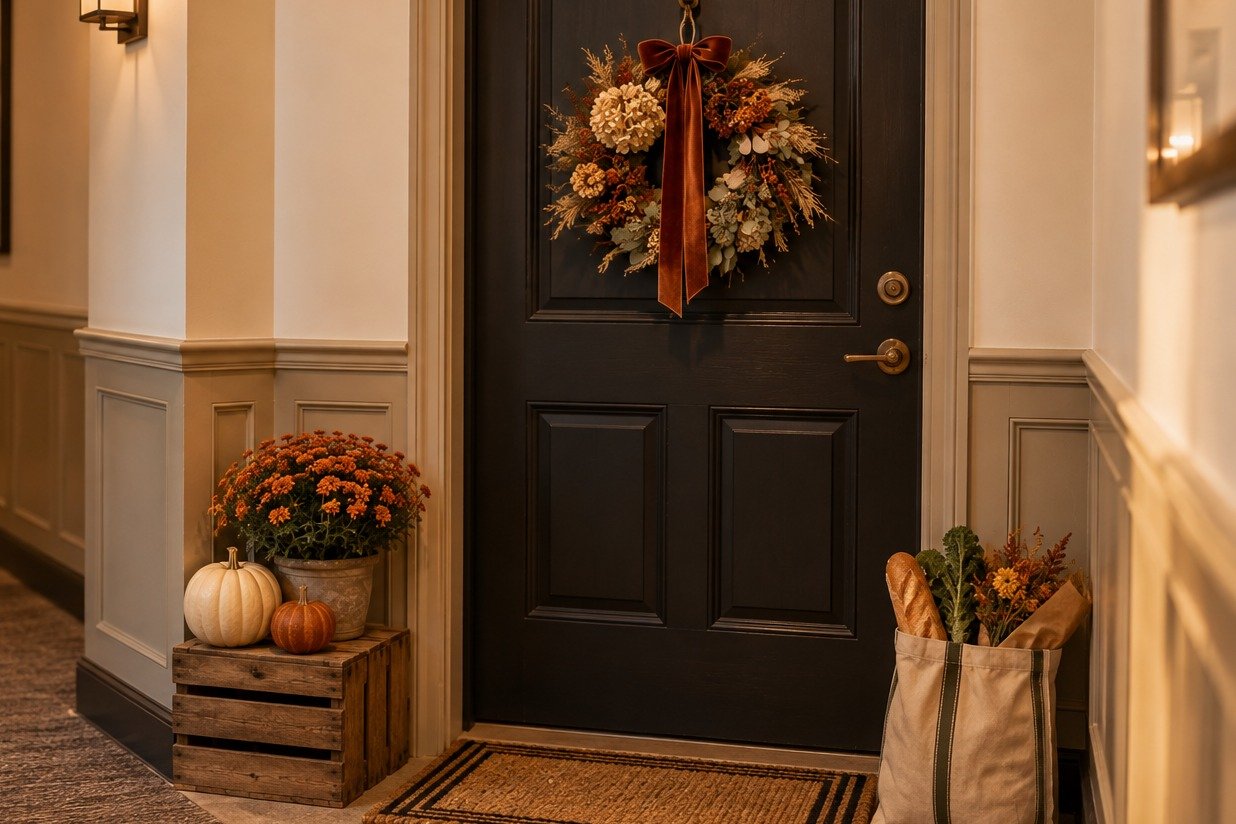 Apartment hallway door decorated for fall with a mini dried wreath, a slim doormat and a crate of mini pumpkins