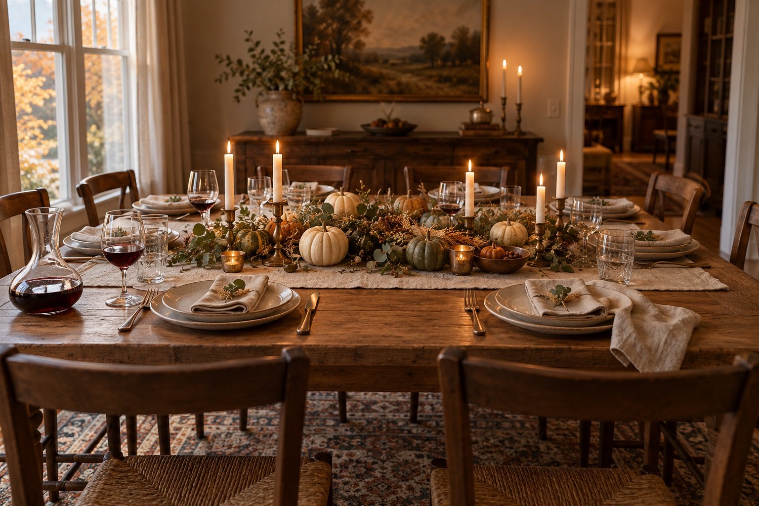 Long wooden Thanksgiving table with a low centerpiece of cream pumpkins, dried wheat and brass taper candles