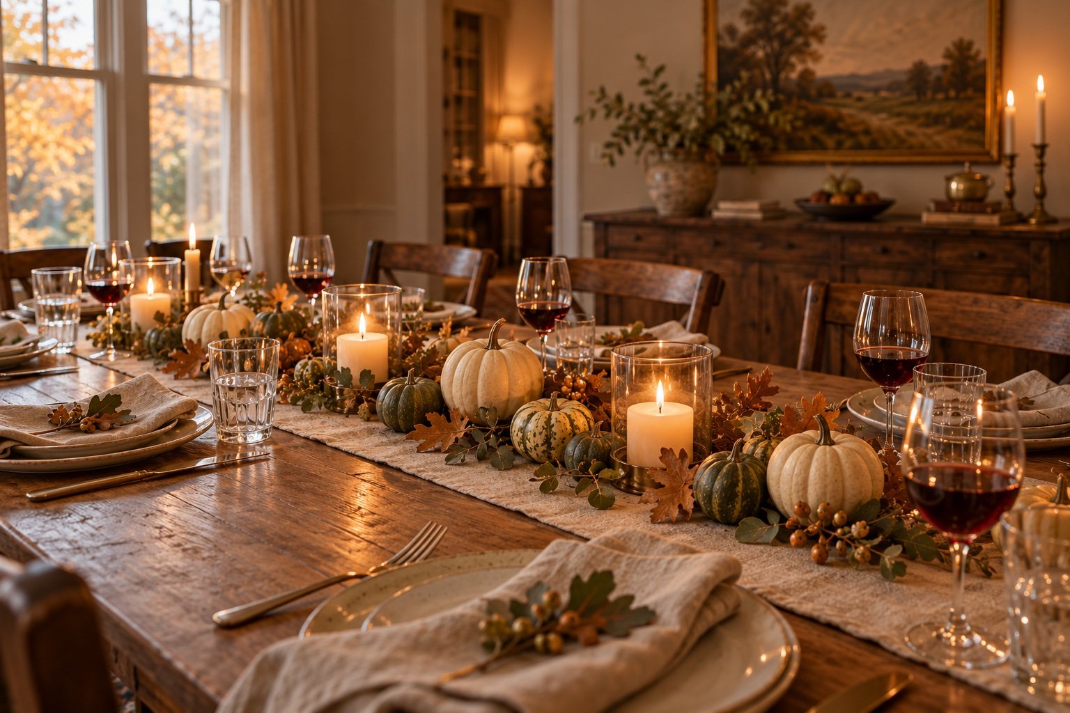 Low line of small pumpkins in cream and sage grouped in threes with pillar candles in glass hurricanes