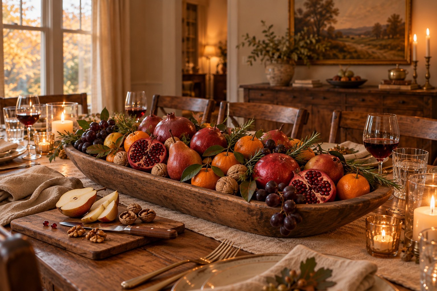 Wooden dough bowl filled with red pears, pomegranates, walnuts and clementines on a Thanksgiving table