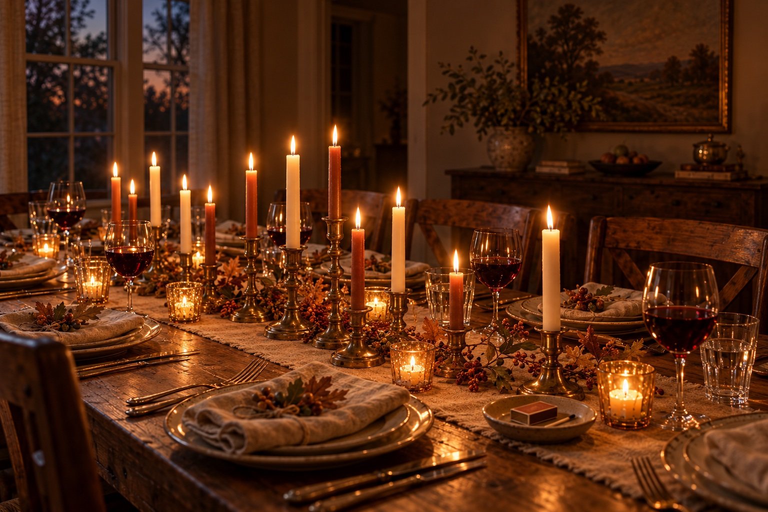 Thanksgiving table lit only by ivory and rust taper candles in mismatched brass candlesticks