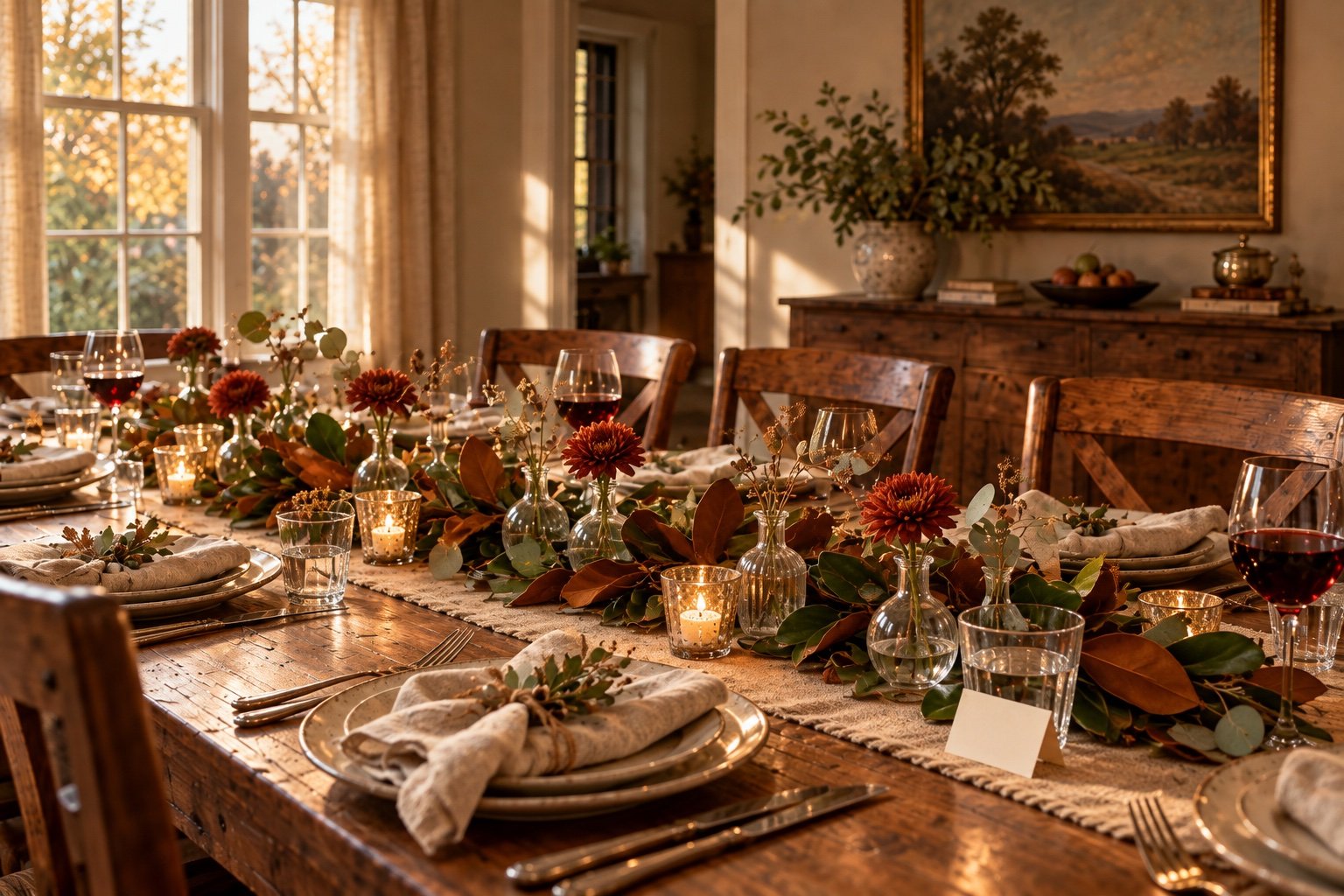 Flat magnolia and eucalyptus garland down a table with small bud vases holding single rust stems