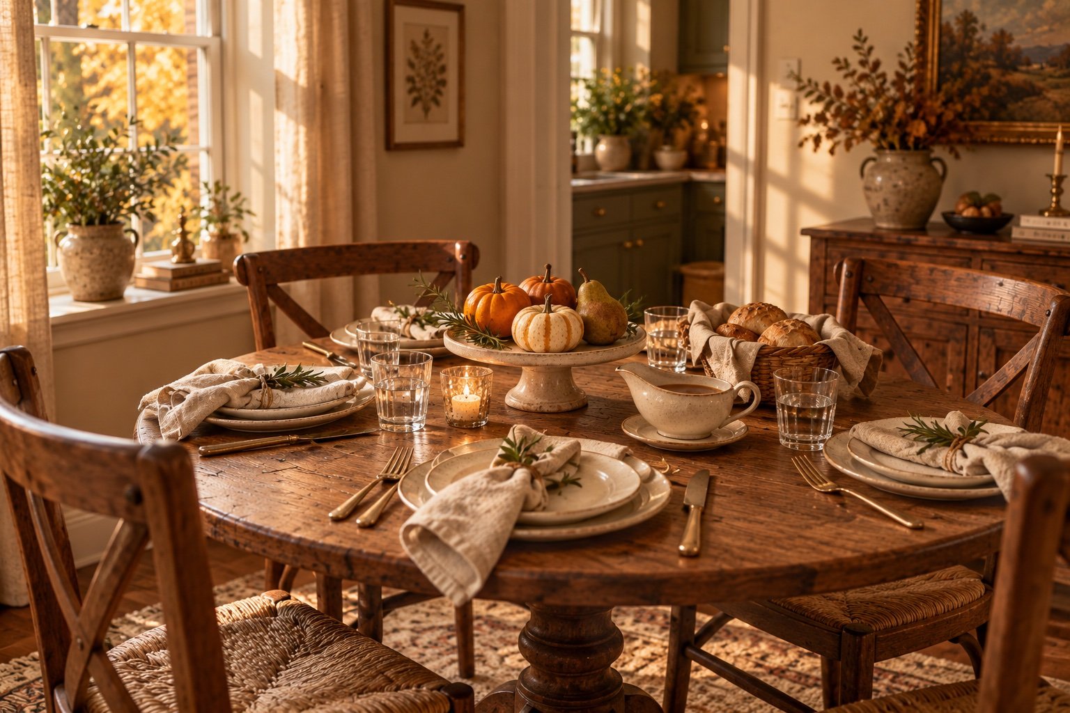 Small round table set for four with a footed cake stand holding small pumpkins, a pear and rosemary