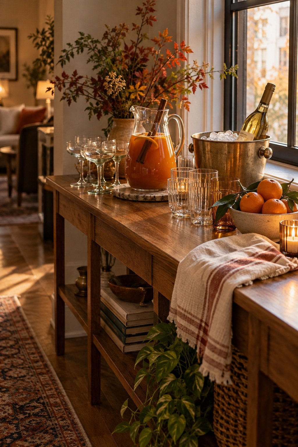 Small apartment drinks corner on a narrow console by the window with cider, ice, wine and mixed glasses