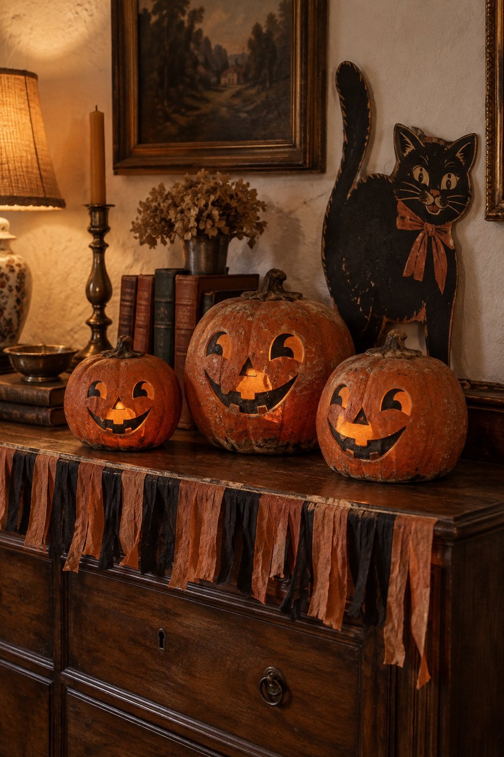 A wooden sideboard styled for vintage Halloween with glowing papier-mache jack-o'-lanterns, crepe paper fringe and a die-cut black cat