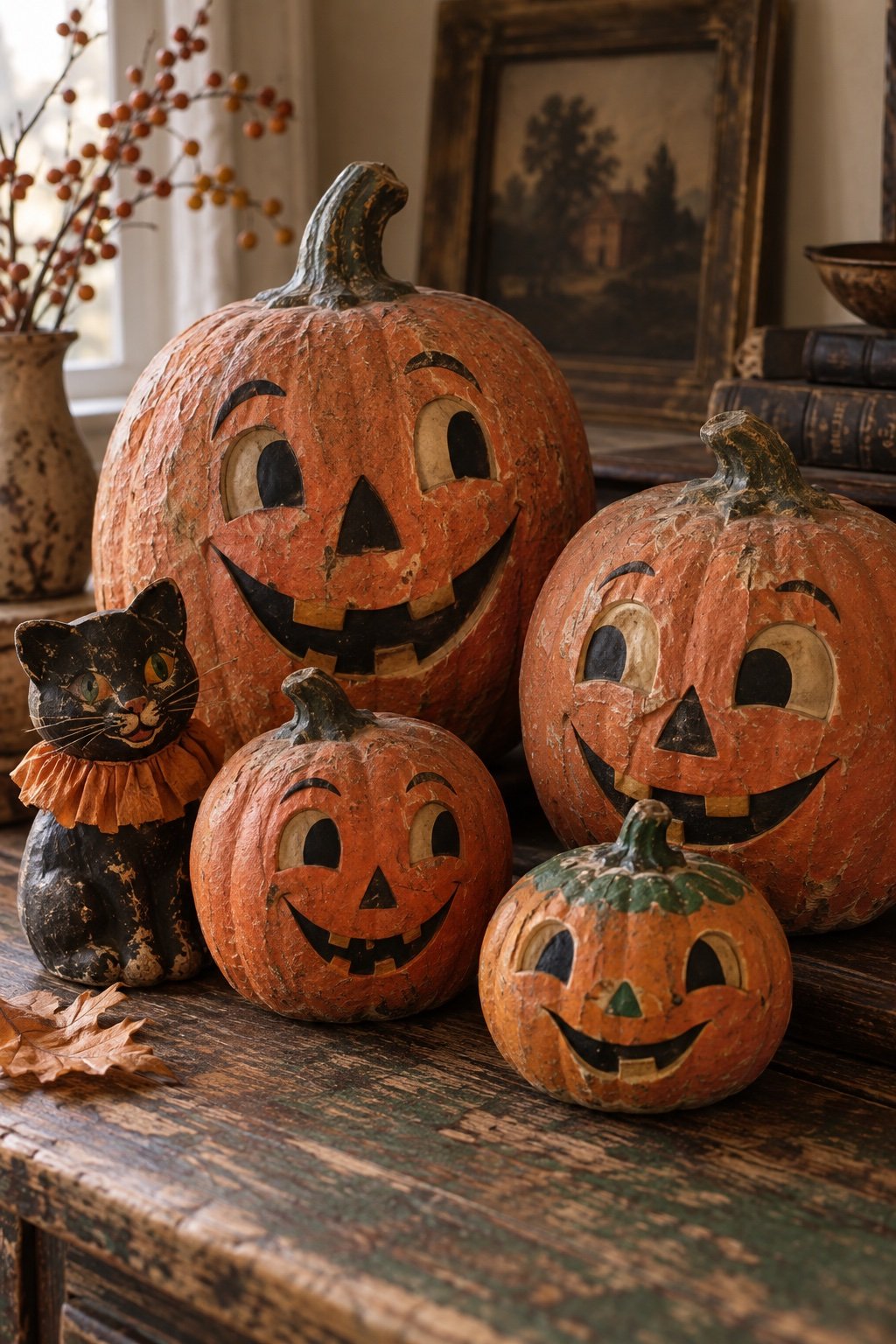 Antique papier-mache jack-o'-lanterns with hand-painted smiling faces beside a small cat candy container