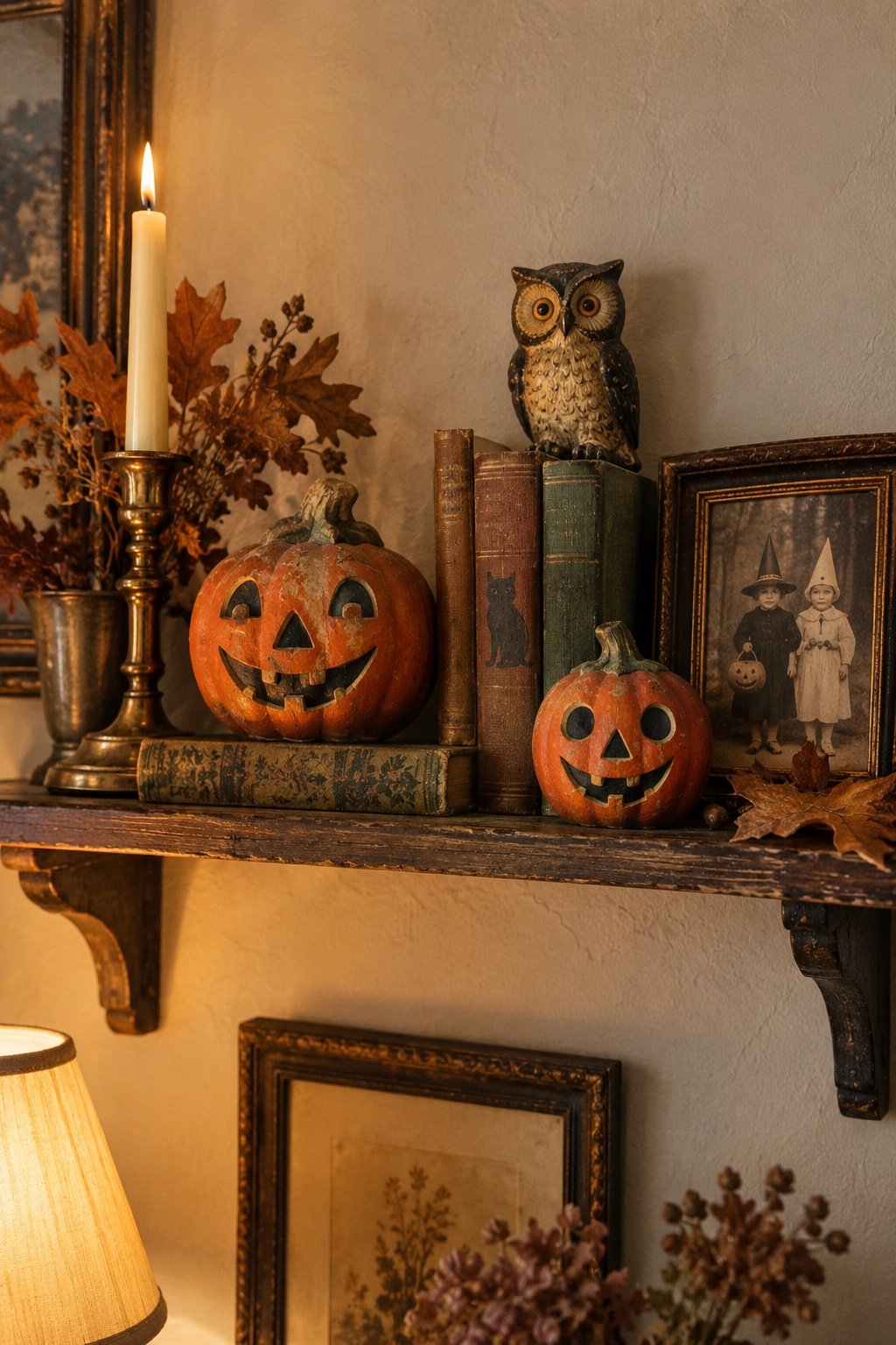 A small trinket shelf with papier-mache lanterns, old books, a brass candlestick and an old costume snapshot