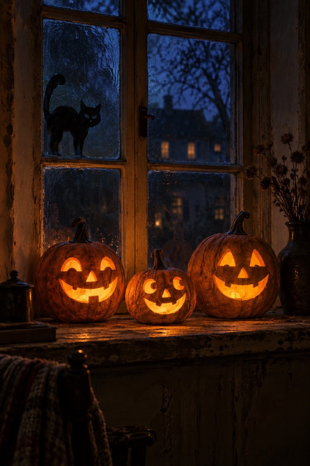 Three papier-mache jack-o'-lanterns glowing on an old windowsill at night with a paper black cat on the glass