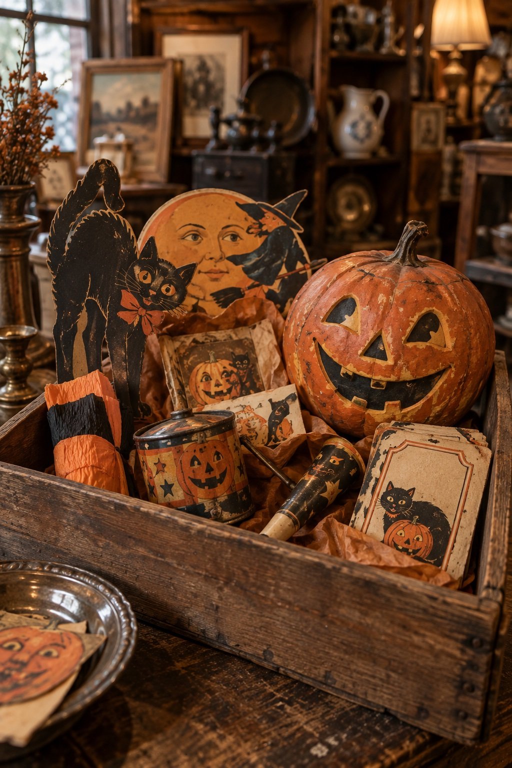 A wooden crate of vintage Halloween finds at an antique shop: die-cuts, a papier-mache lantern and tin noisemakers