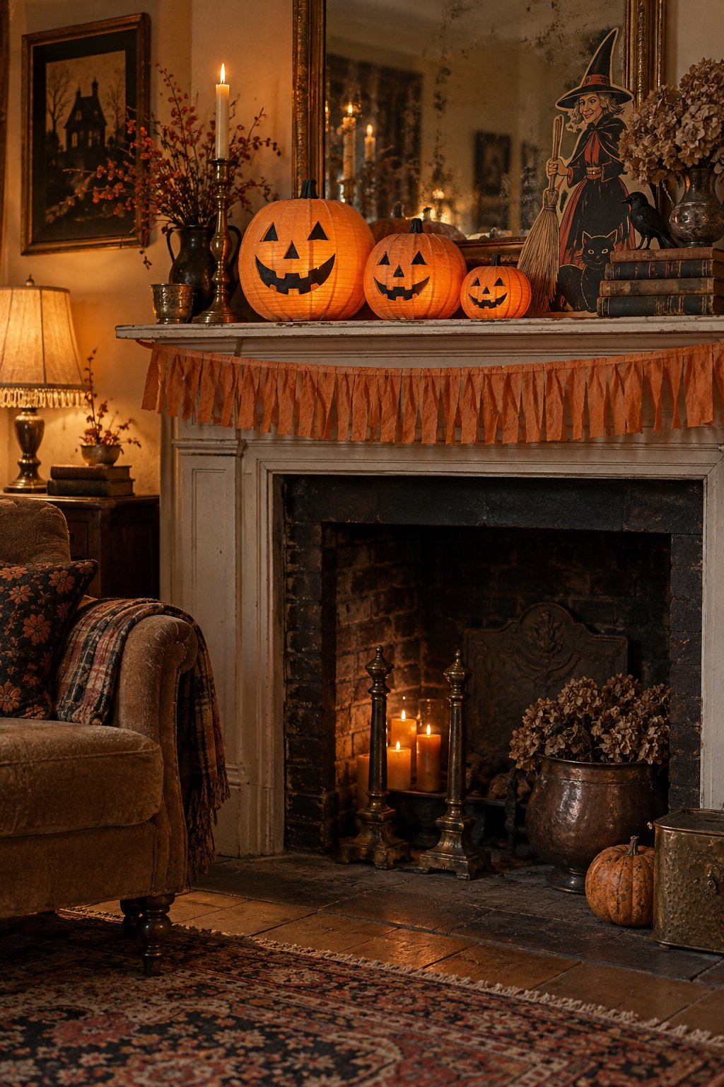 A painted mantel with a crepe paper fringe, a row of papier-mache jack-o'-lanterns and a vintage die-cut witch