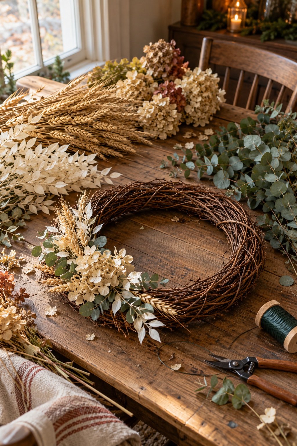 Grapevine wreath base on a worktable with dried wheat, ruscus, hydrangea, eucalyptus, floral wire and snips