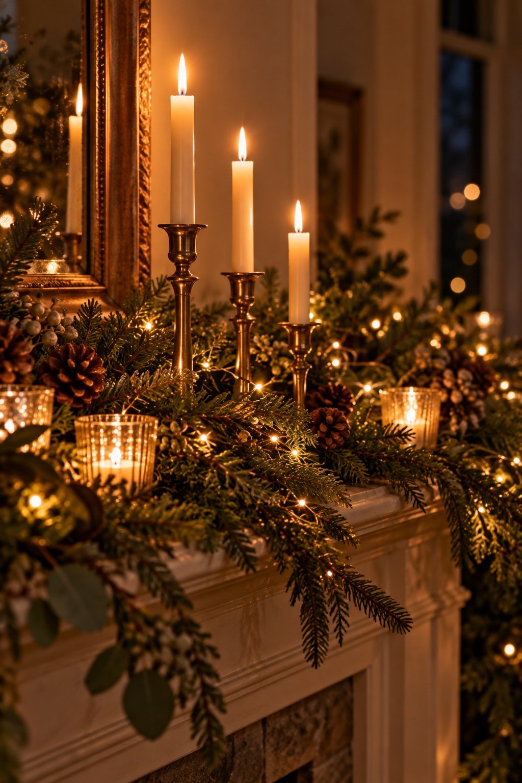 Christmas mantel garland threaded with warm micro lights and brass candlesticks with lit ivory tapers