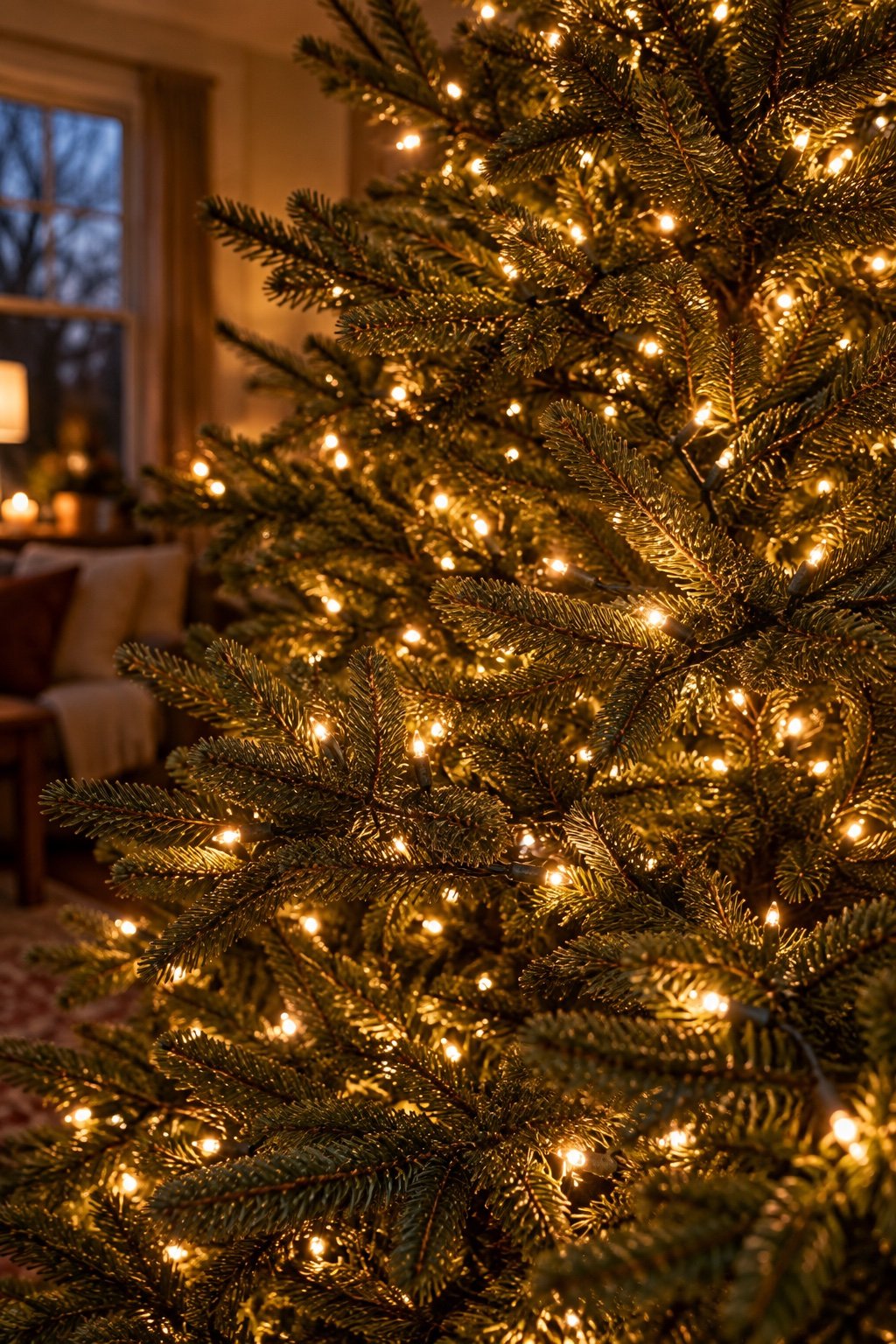 Christmas tree branches wrapped deep inside with warm white string lights before any ornaments