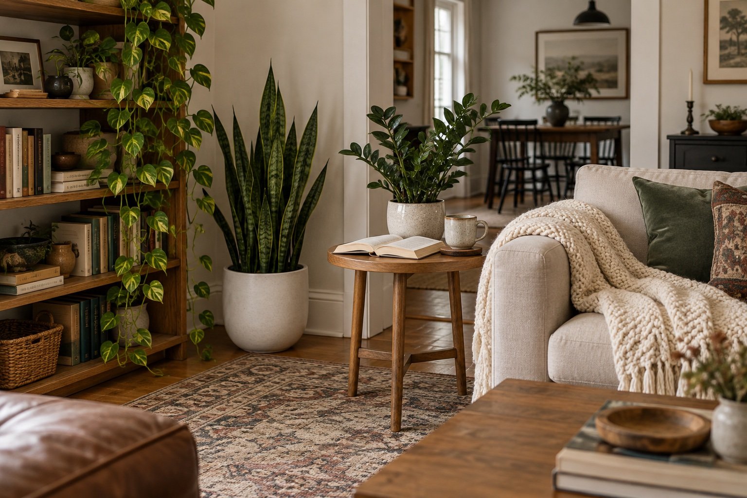 Living room with a snake plant, trailing pothos and ZZ plant placed a few feet from a north-facing window