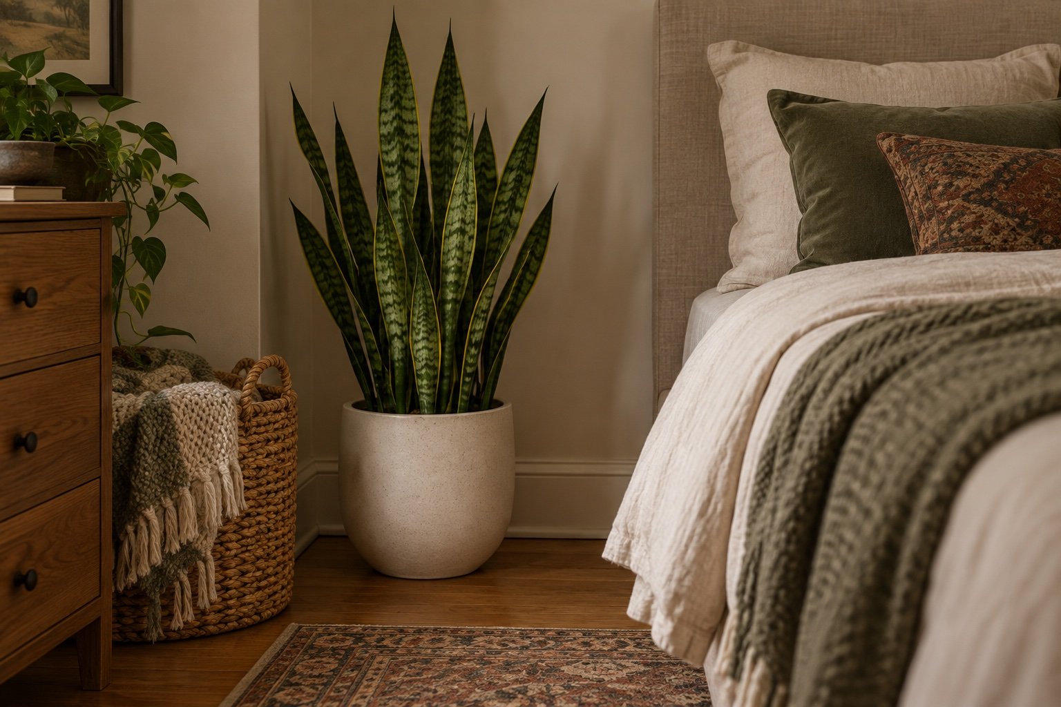 Tall snake plant in a white ceramic pot in a dim bedroom corner beside a woven basket