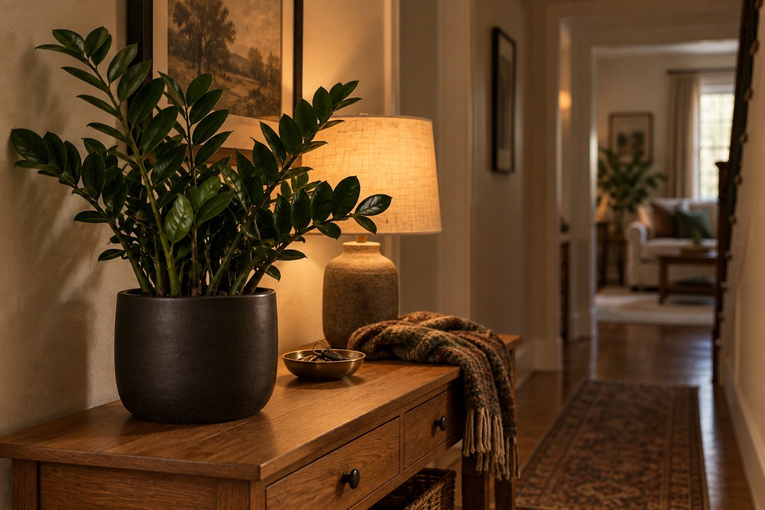 Glossy ZZ plant in a black pot on an oak console table in a hallway with no window