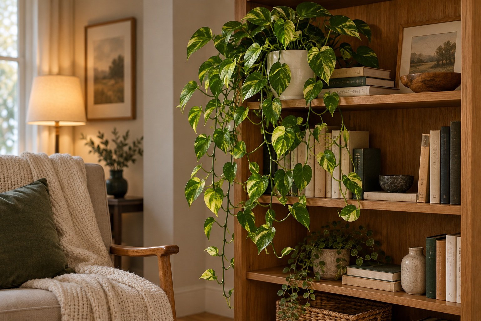 Golden pothos vines trailing from the top shelf of an oak bookshelf