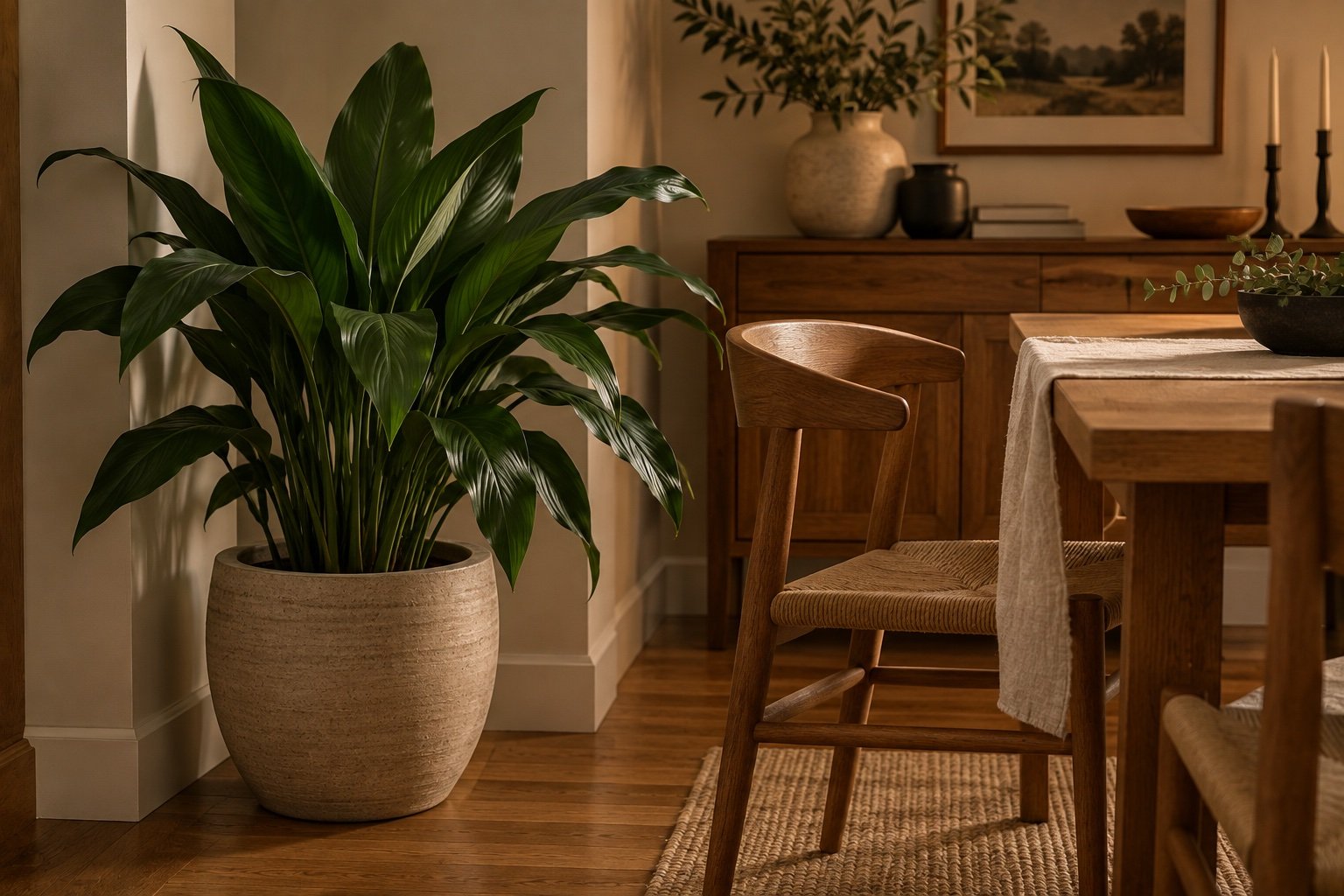 Cast iron plant in a stoneware pot in a softly lit dining room corner