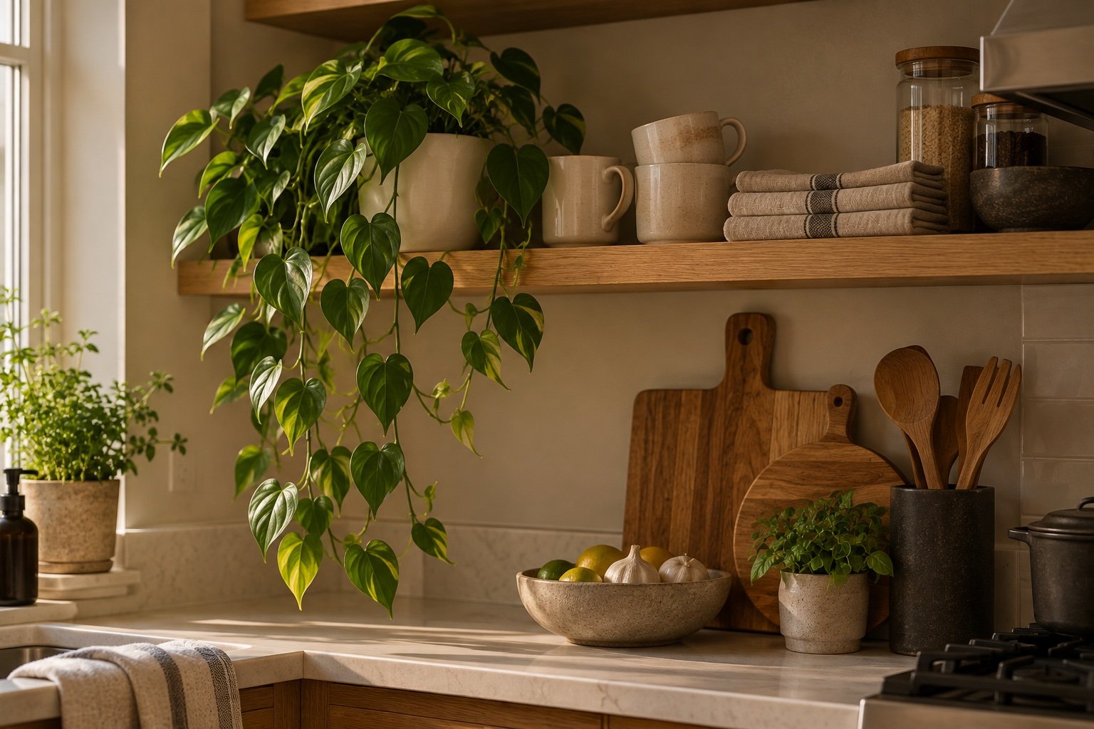 Heartleaf philodendron trailing from a kitchen open shelf next to ceramic mugs