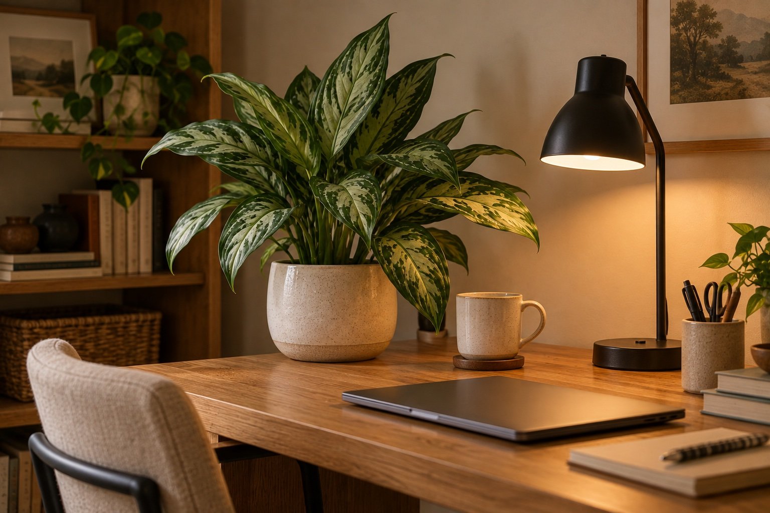 Silver-green Chinese evergreen on an oak home office desk beside a black desk lamp