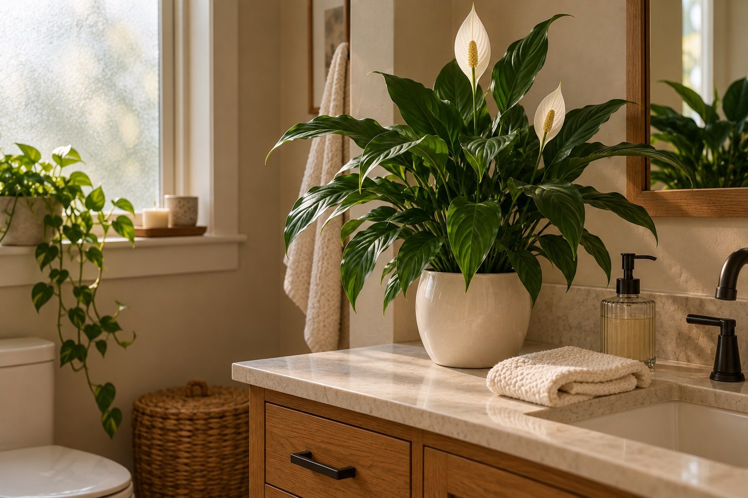 Peace lily with white blooms on a bathroom vanity in soft frosted-window light