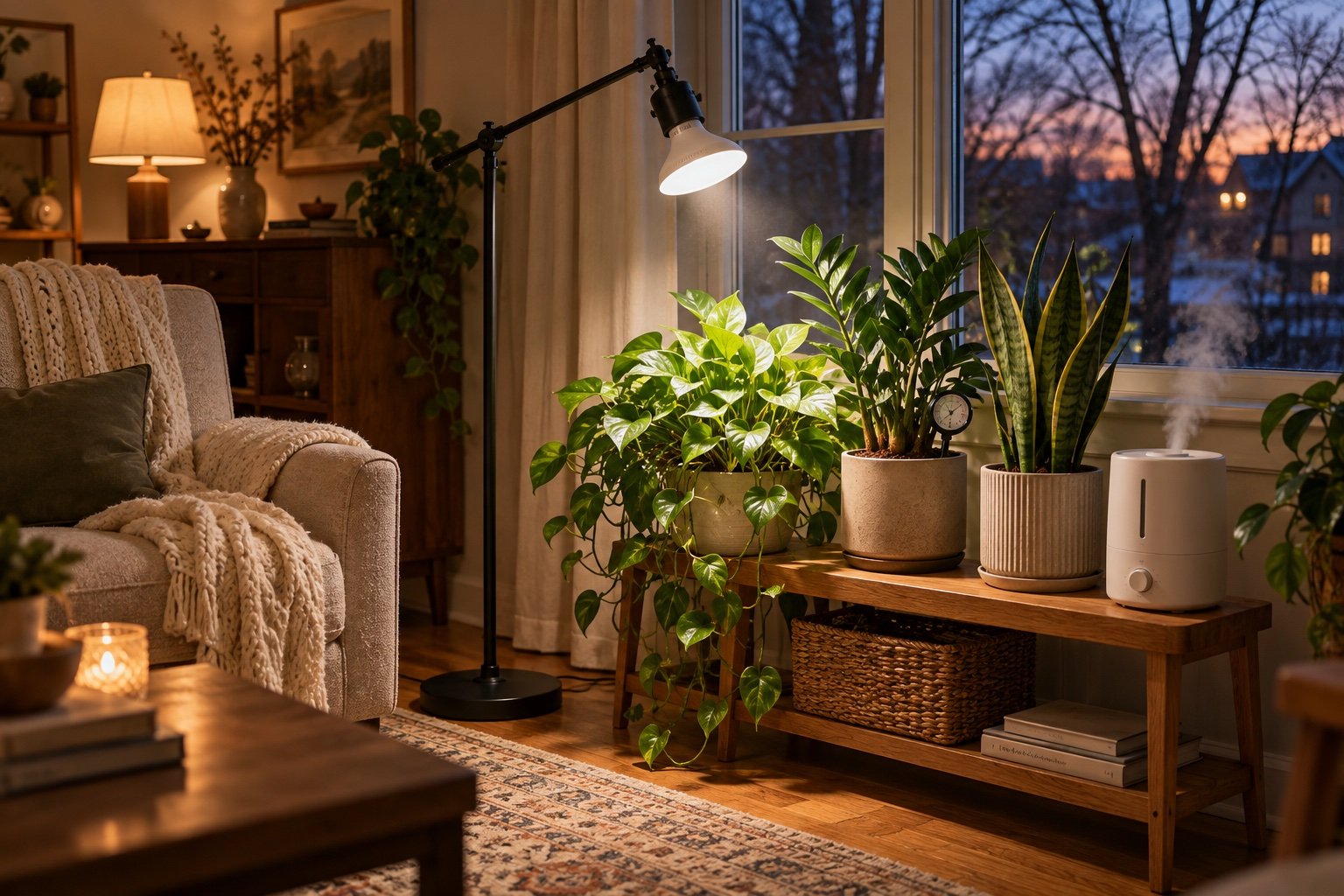 Floor lamp with a BR30 LED grow light bulb aimed at houseplants on a low oak stand beside a small humidifier at winter dusk