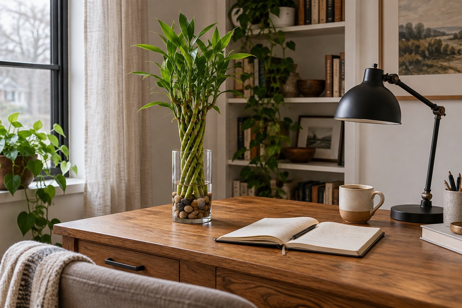Braided lucky bamboo in a clear glass vase with pebbles on an oak desk near a north-facing window