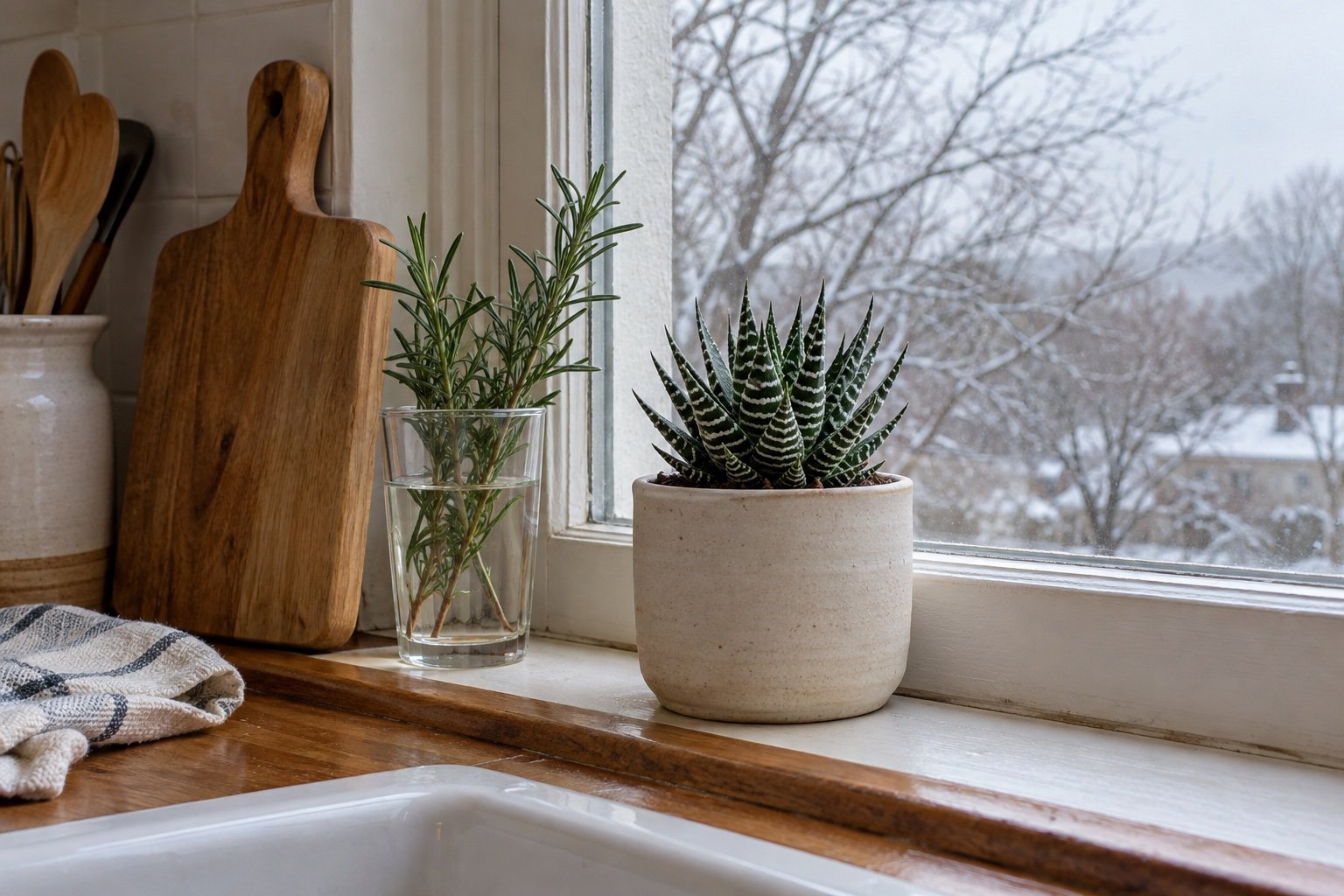 Zebra haworthia succulent in a cream stoneware pot on a kitchen windowsill in winter