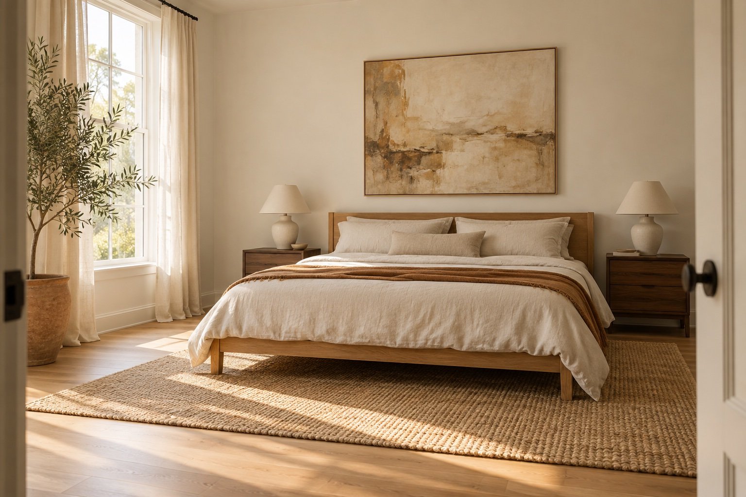 Warm minimalist bedroom in morning light with an oak bed, oatmeal linen bedding, walnut nightstands and a jute rug
