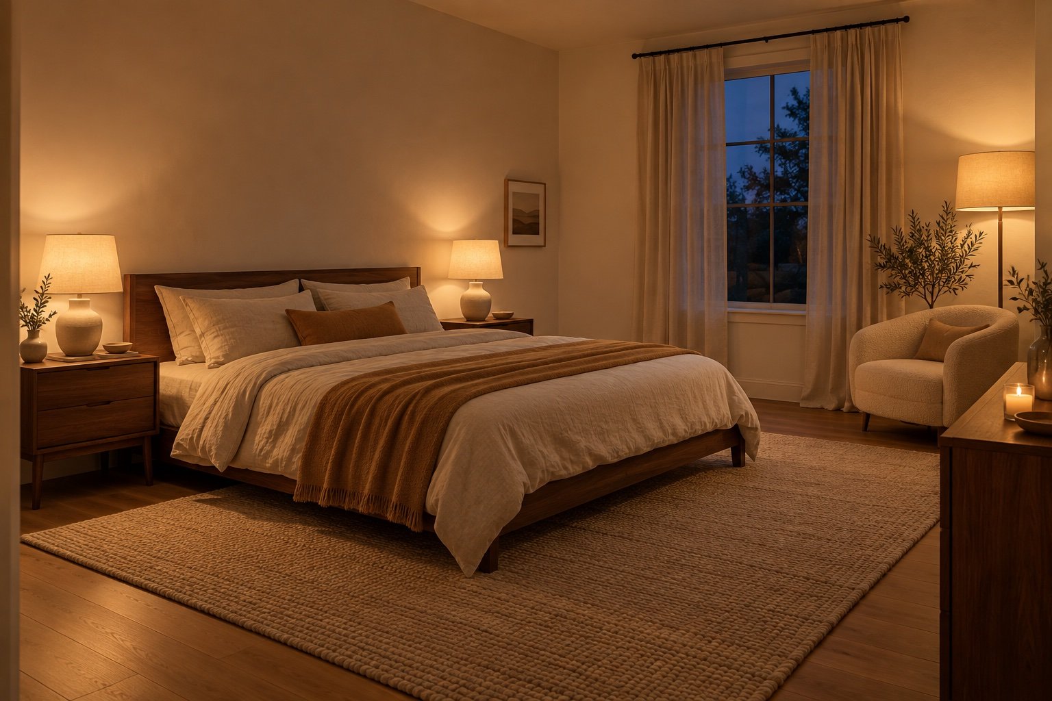 Warm minimalist bedroom at dusk lit only by bedside lamps and a floor lamp, with tonal oatmeal and camel bedding