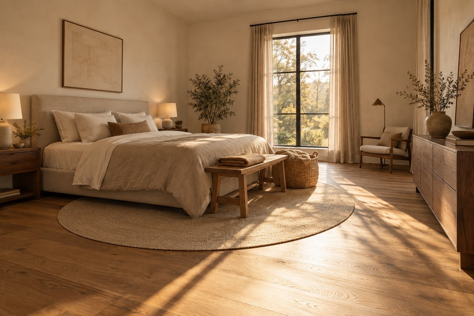 Warm minimalist bedroom with an oak bench and seagrass basket at the foot of a linen bed, warm white walls and oak floor